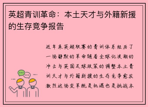 英超青训革命：本土天才与外籍新援的生存竞争报告
