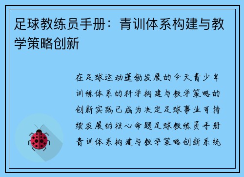足球教练员手册：青训体系构建与教学策略创新